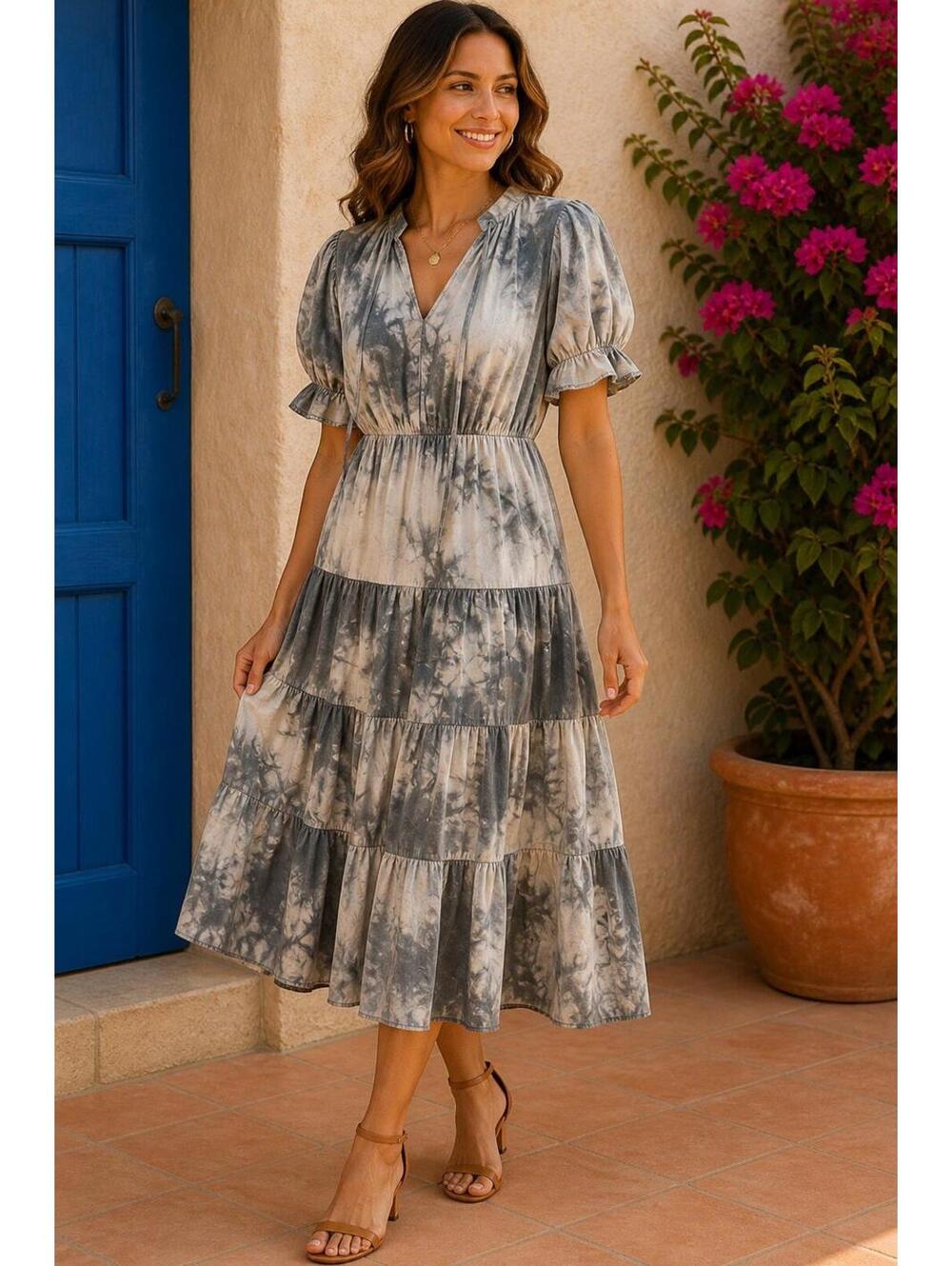 Current Air Tie Dye Midi Dress Gray Tiered Boho Flutter Sleeve Size M